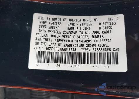 2013 Honda Accord Ex-L V-6 from USA, damaged, VIN 1HGCR3F81DA048948